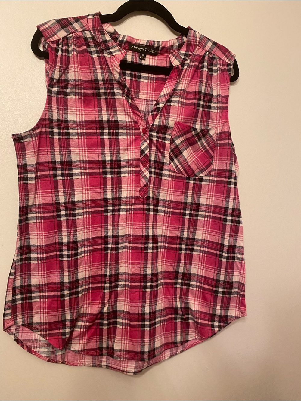 Always Indulge Pink Plaid Sleeveless Henley Tank